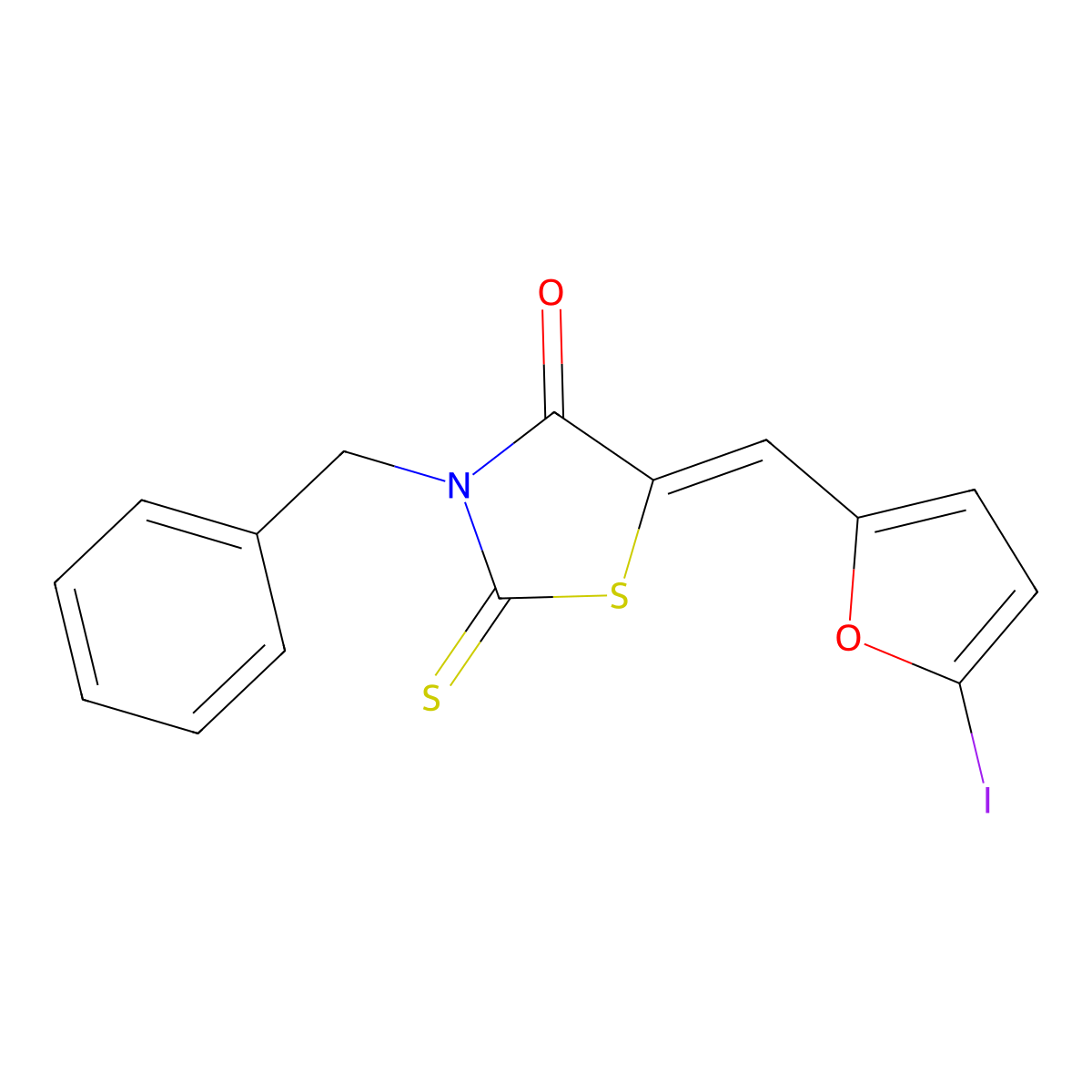 3-Benzyl-5-[(5-iodofuran-2-yl)methylidene]-2-sulfanylidene-1,3-thiazolidin-4-one molecular structure, CAS 63618-72-4