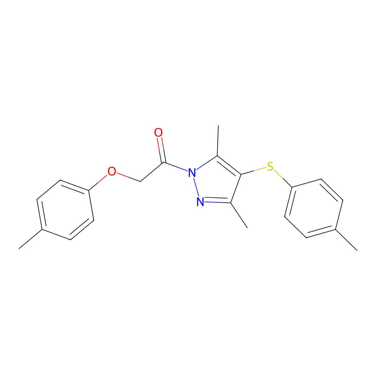 1-(3,5-dimethyl-4-(p-tolylthio)-1H-pyrazol-1-yl)-2-(p-tolyloxy)ethanone molecular structure, CAS 636568-03-1