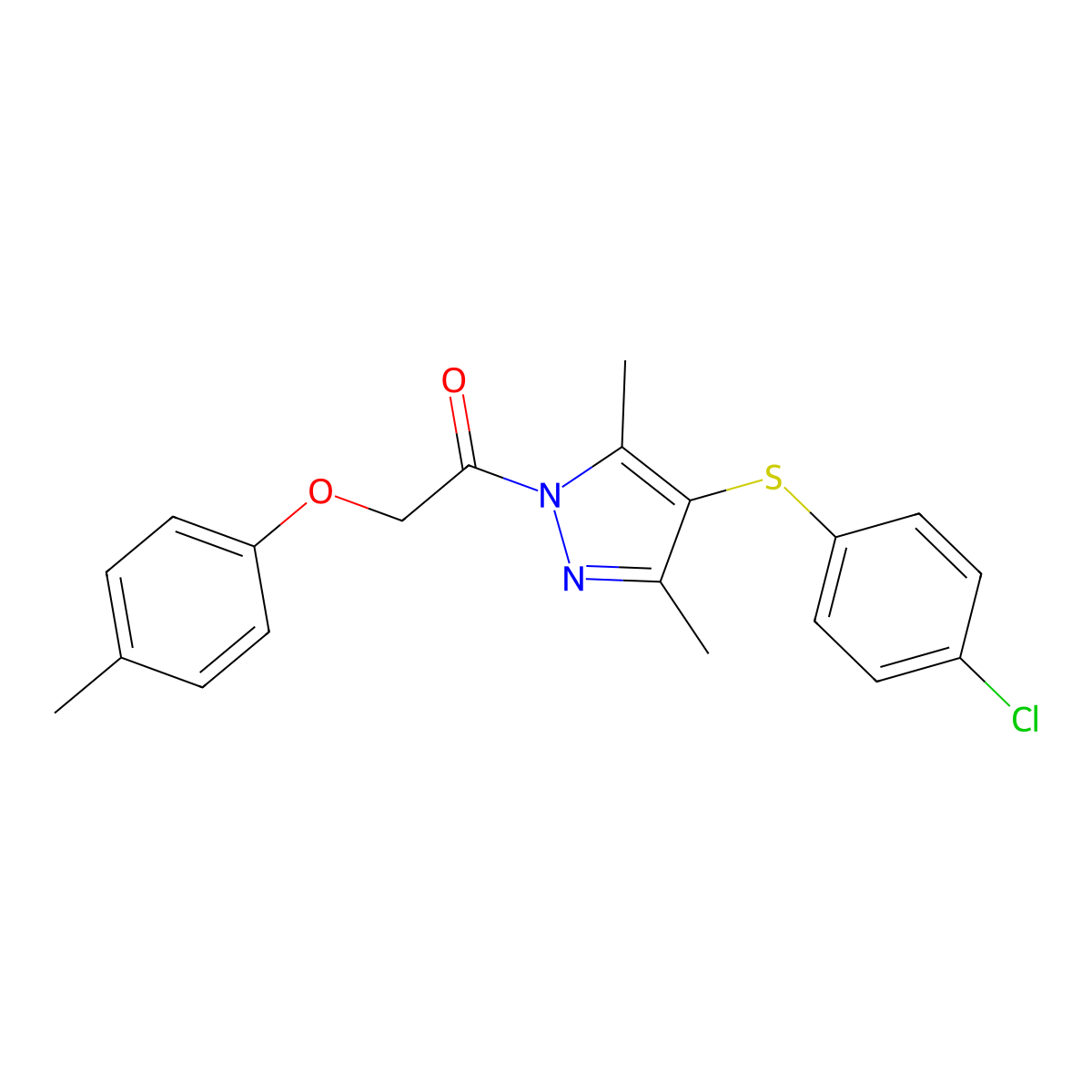 1-[4-(4-Chlorophenyl)sulfanyl-3,5-dimethylpyrazol-1-yl]-2-(4-methylphenoxy)ethanone molecular structure, CAS 636568-04-2