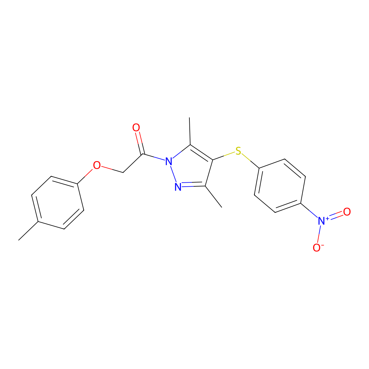1-[3,5-Dimethyl-4-(4-nitrophenyl)sulfanylpyrazol-1-yl]-2-(4-methylphenoxy)ethanone molecular structure, CAS 636568-05-3