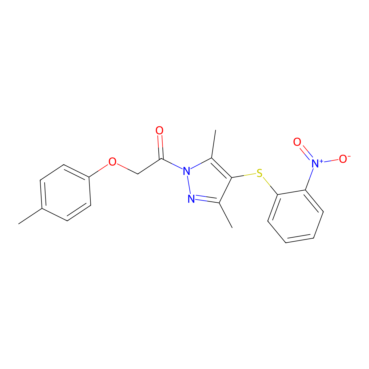 1-[3,5-Dimethyl-4-(2-nitrophenyl)sulfanylpyrazol-1-yl]-2-(4-methylphenoxy)ethanone molecular structure, CAS 636568-06-4