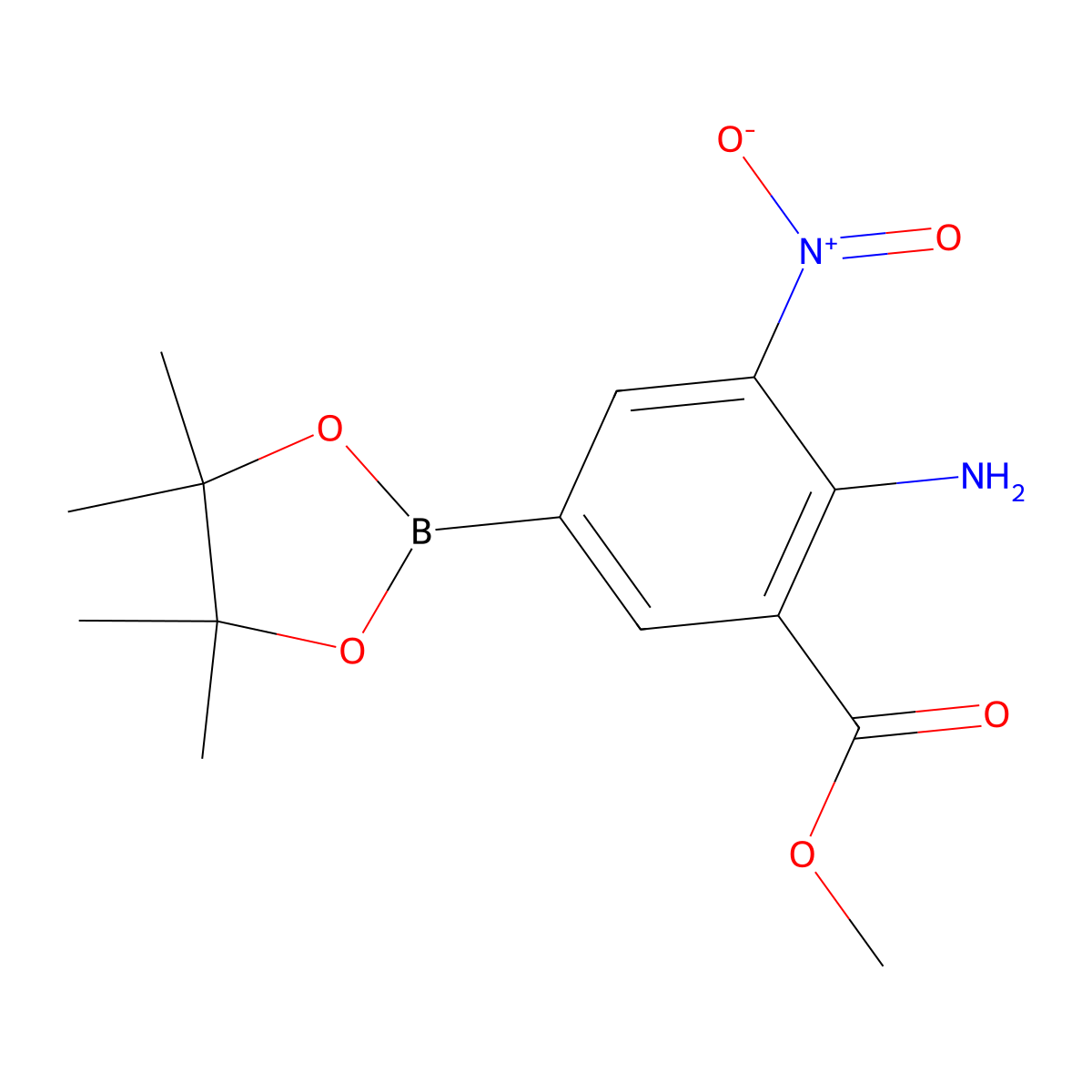 2-Amino-3-nitro-5-(4,4,5,5-tetramethyl-[1,3,2]dioxaborolan-2-yl)-benzoic acid methyl ester molecular structure, CAS 636581-72-1