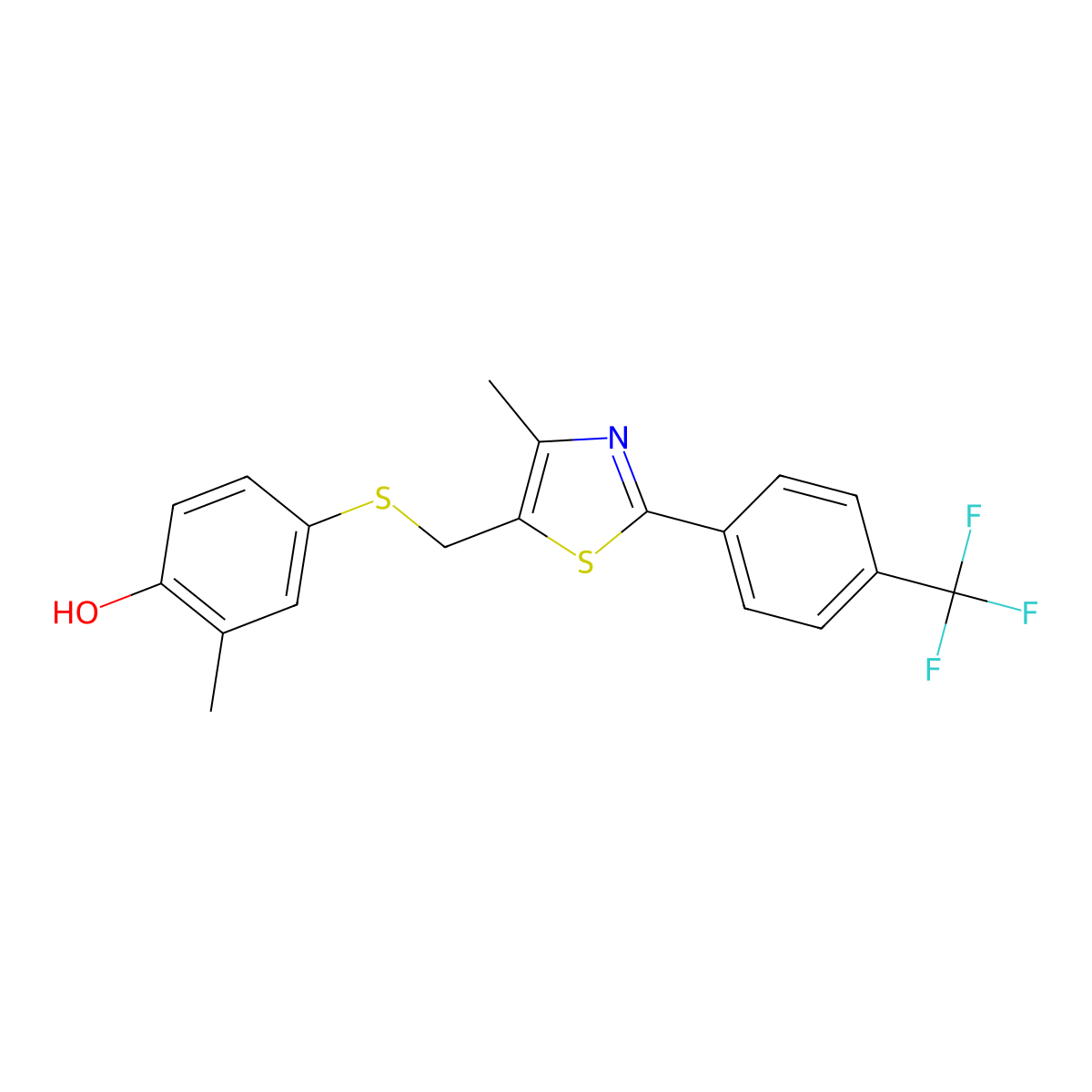 2-Methyl-4-(((4-methyl-2-(4-(trifluoromethyl)phenyl)thiazol-5-yl)methyl)thio)phenol molecular structure, CAS 636589-63-4