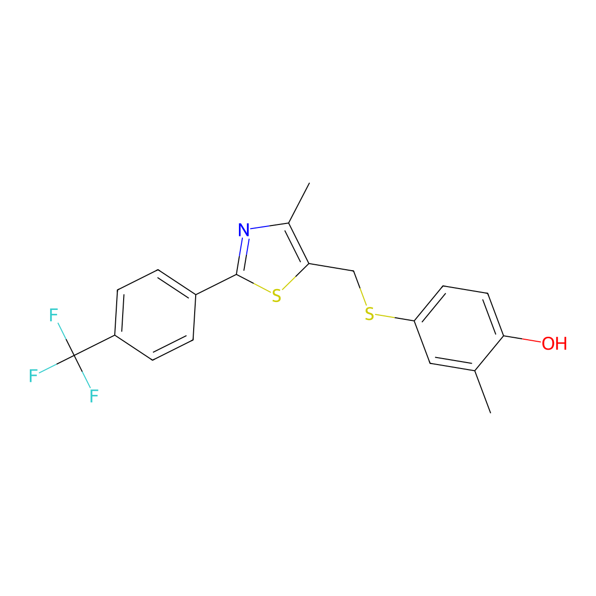 2-Methyl-4-(((4-methyl-2-(4-(trifluoromethyl)phenyl)thiazol-5-yl)methyl)thio)phenol molecular structure, CAS 636589-63-4