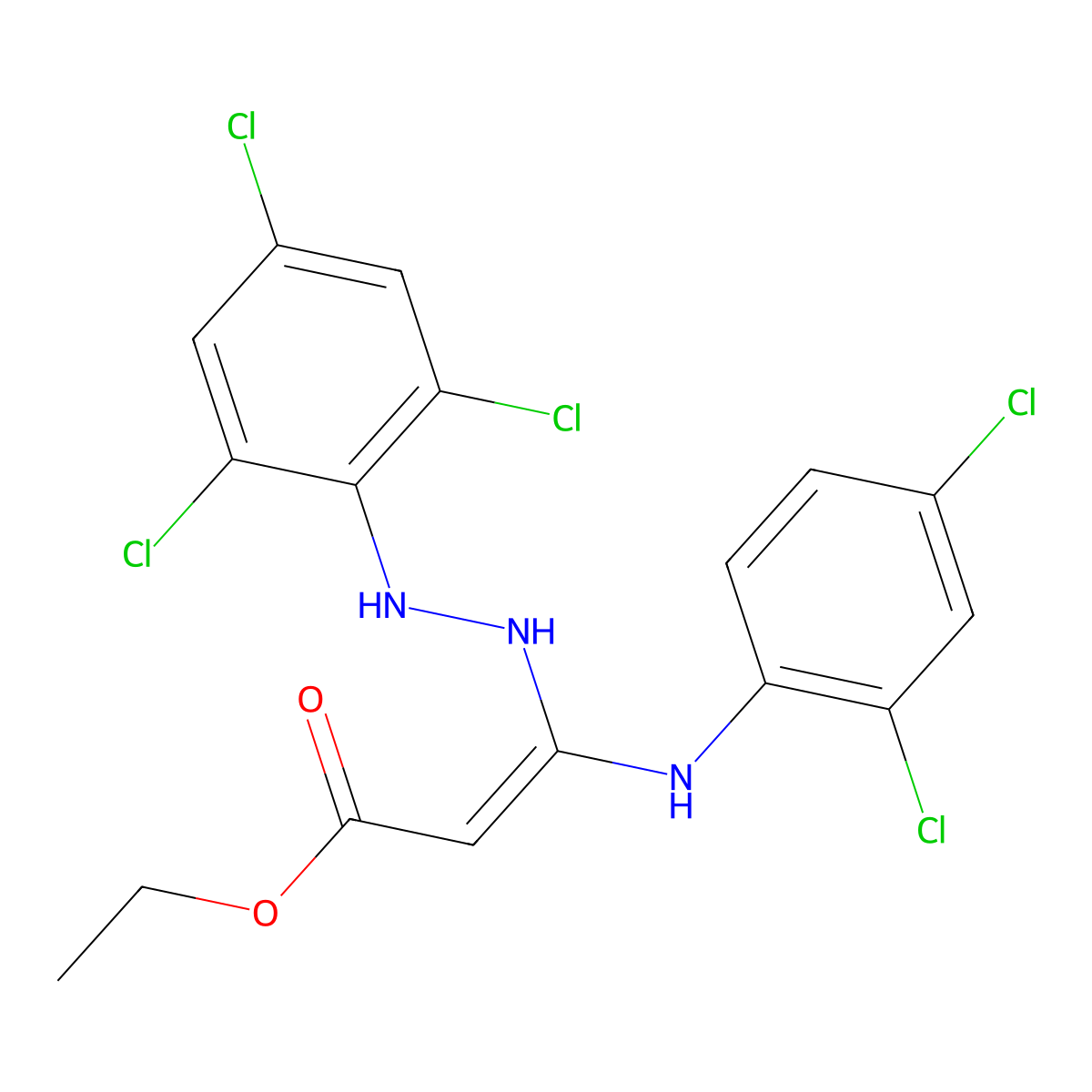 2-Propenoic acid, 3-[(2,4-dichlorophenyl)amino]-3-[2-(2,4,6-trichlorophenyl)hydrazinyl]-, ethyl ester molecular structure, CAS 63665-92-9
