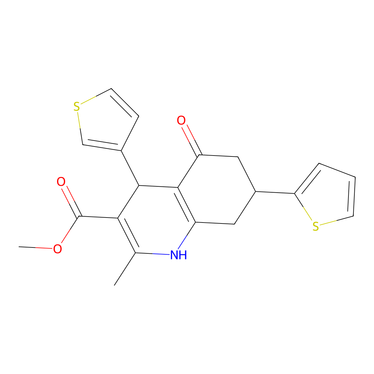 Methyl 2-methyl-5-oxo-7-(thiophen-2-yl)-4-(thiophen-3-yl)-1,4,5,6,7,8-hexahydroquinoline-3-carboxylate molecular structure, CAS 6367-93-7
