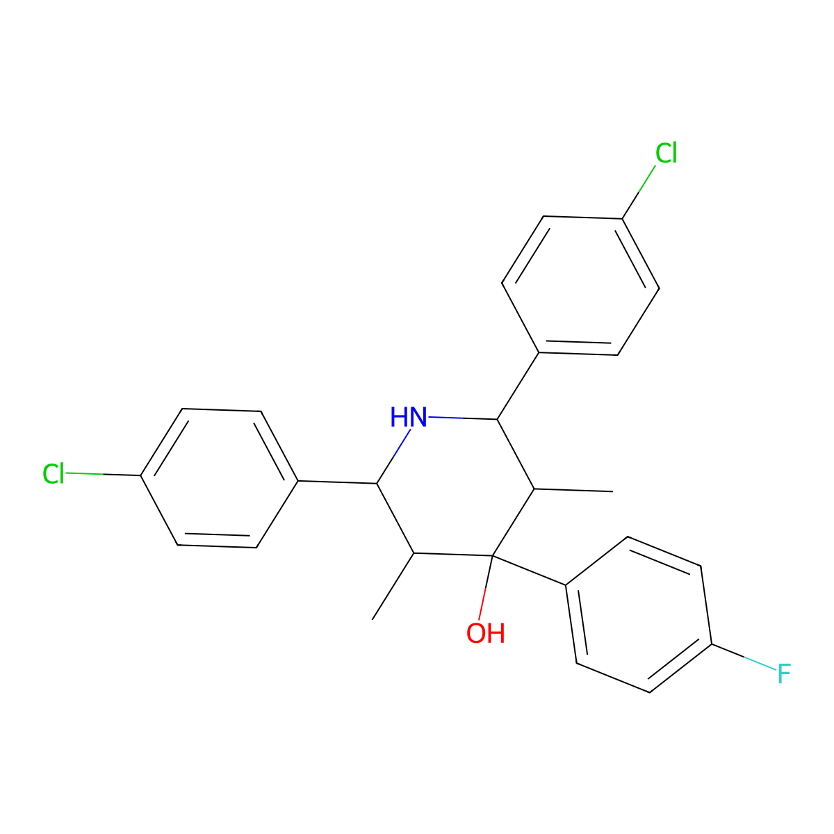2,6-Bis(4-chlorophenyl)-4-(4-fluorophenyl)-3,5-dimethylpiperidin-4-ol molecular structure, CAS 6368-08-7