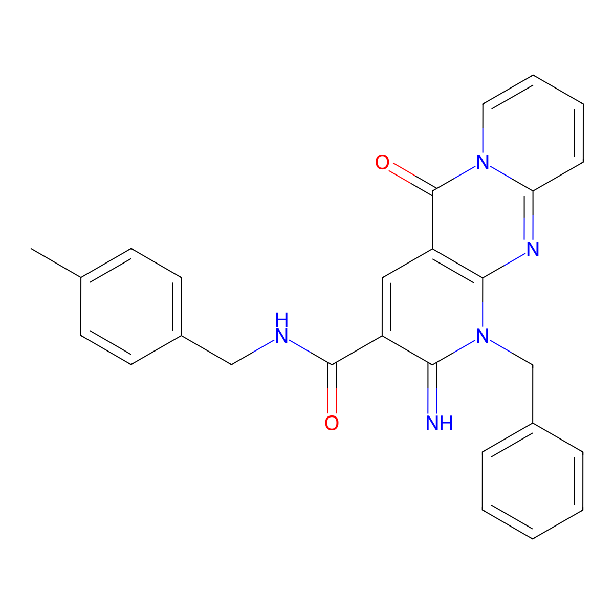 1-benzyl-2-imino-N-(4-methylbenzyl)-5-oxo-2,5-dihydro-1H-dipyrido[1,2-a:2',3'-d]pyrimidine-3-carboxamide molecular structure, CAS 636989-24-7