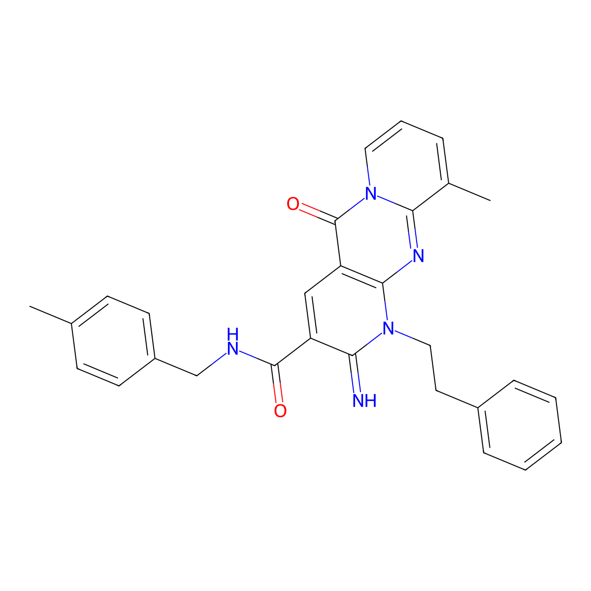 2-imino-10-methyl-N-(4-methylbenzyl)-5-oxo-1-(2-phenylethyl)-1,5-dihydro-2H-dipyrido[1,2-a:2',3'-d]pyrimidine-3-carboxamide molecular structure, CAS 636989-28-1