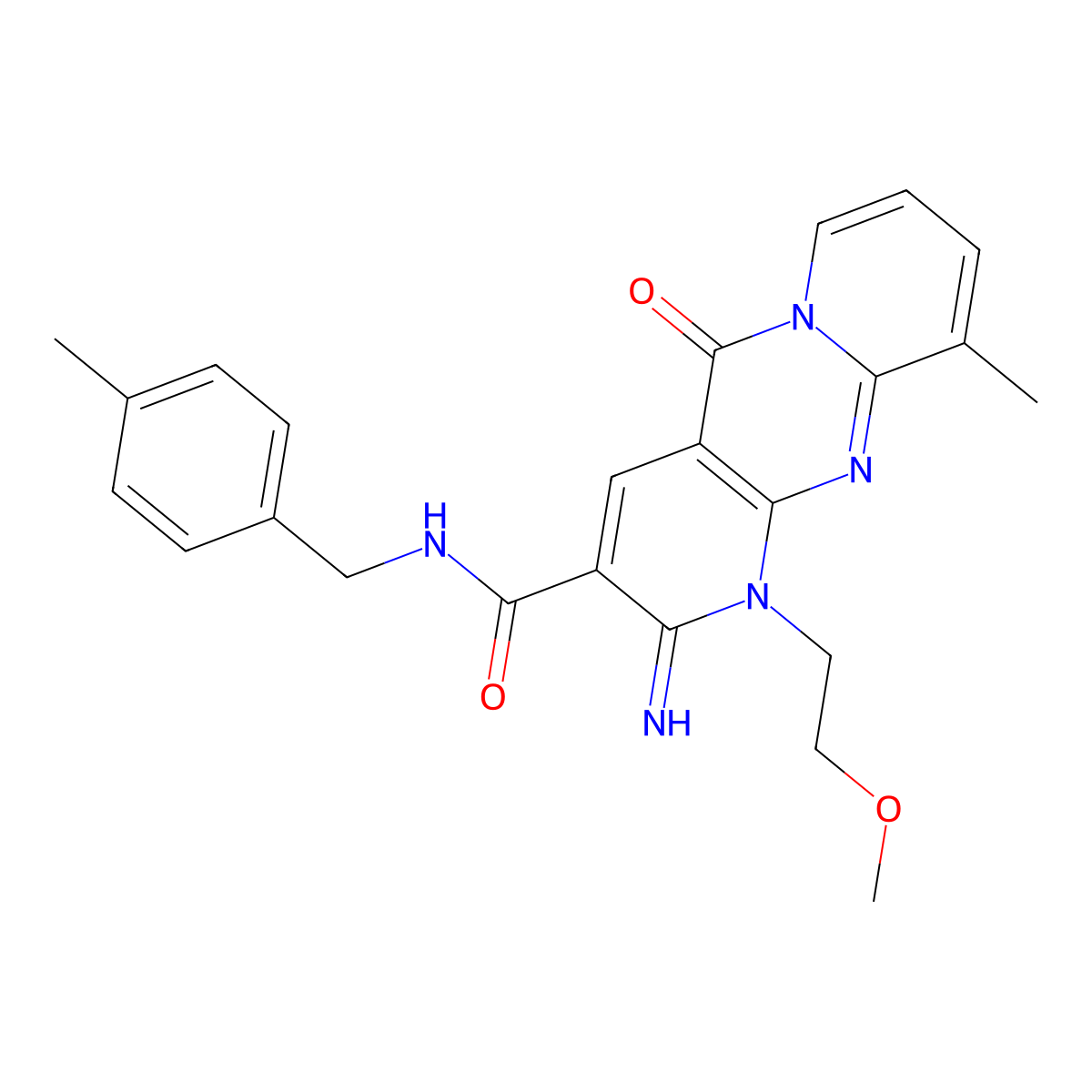 2-imino-1-(2-methoxyethyl)-10-methyl-N-(4-methylbenzyl)-5-oxo-1,5-dihydro-2H-dipyrido[1,2-a:2,3-d]pyrimidine-3-carboxamide molecular structure, CAS 636989-29-2