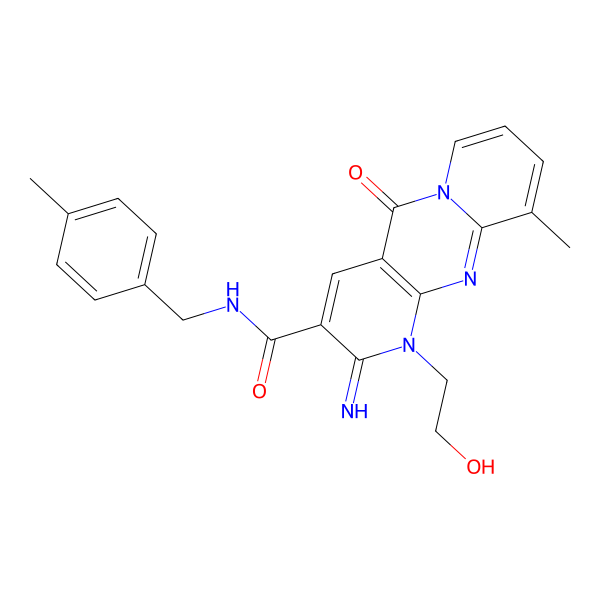 1-(2-hydroxyethyl)-2-imino-10-methyl-N-(4-methylbenzyl)-5-oxo-2,5-dihydro-1H-dipyrido[1,2-a:2',3'-d]pyrimidine-3-carboxamide molecular structure, CAS 636989-30-5