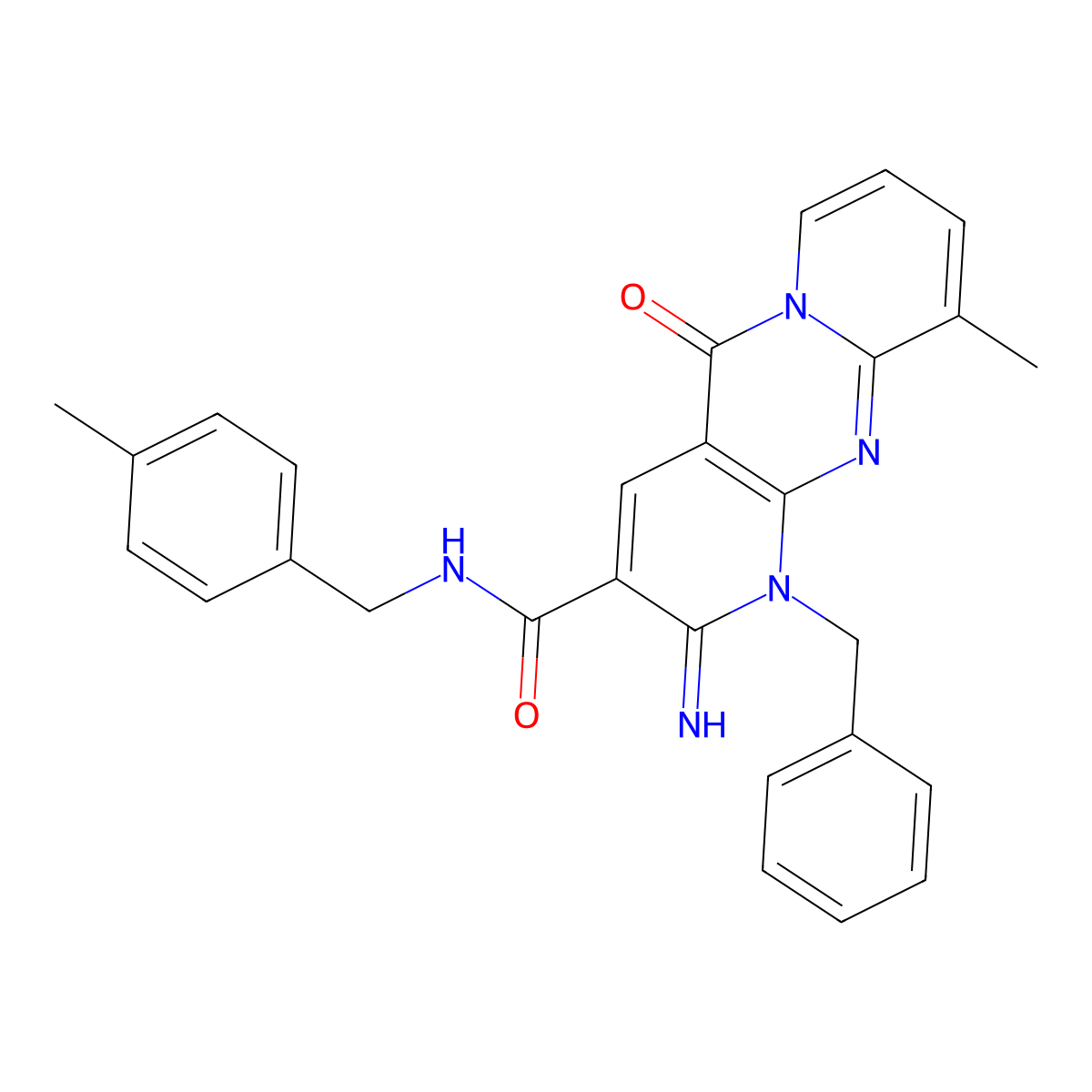 1-benzyl-2-imino-10-methyl-N-(4-methylbenzyl)-5-oxo-1,5-dihydro-2H-dipyrido[1,2-a:2',3'-d]pyrimidine-3-carboxamide molecular structure, CAS 636989-34-9