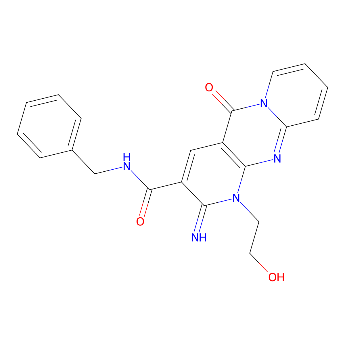 [1-(2-hydroxyethyl)-2-imino-5-oxo(1,6-dihydropyridino[1,2-a]pyridino[2,3-d]pyr imidin-3-yl)]-N-benzylcarboxamide molecular structure, CAS 636989-73-6
