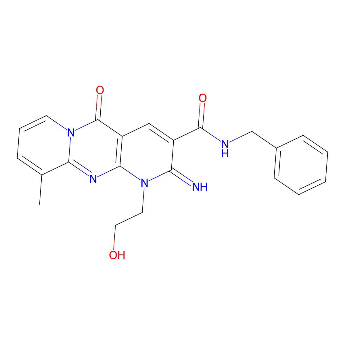 [1-(2-hydroxyethyl)-2-imino-10-methyl-5-oxo(1,6-dihydropyridino[2,3-d]pyridino [1,2-a]pyrimidin-3-yl)]-N-benzylcarboxamide molecular structure, CAS 636989-74-7