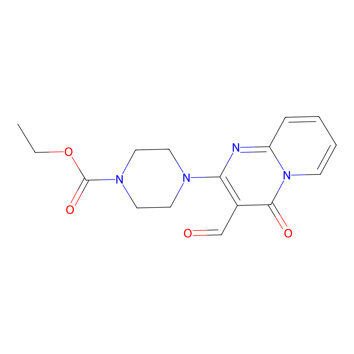 Ethyl 4-(3-formyl-4-oxo-4H-pyrido[1,2-a]pyrimidin-2-yl)-1-piperazinecarboxylate molecular structure, CAS 636989-81-6