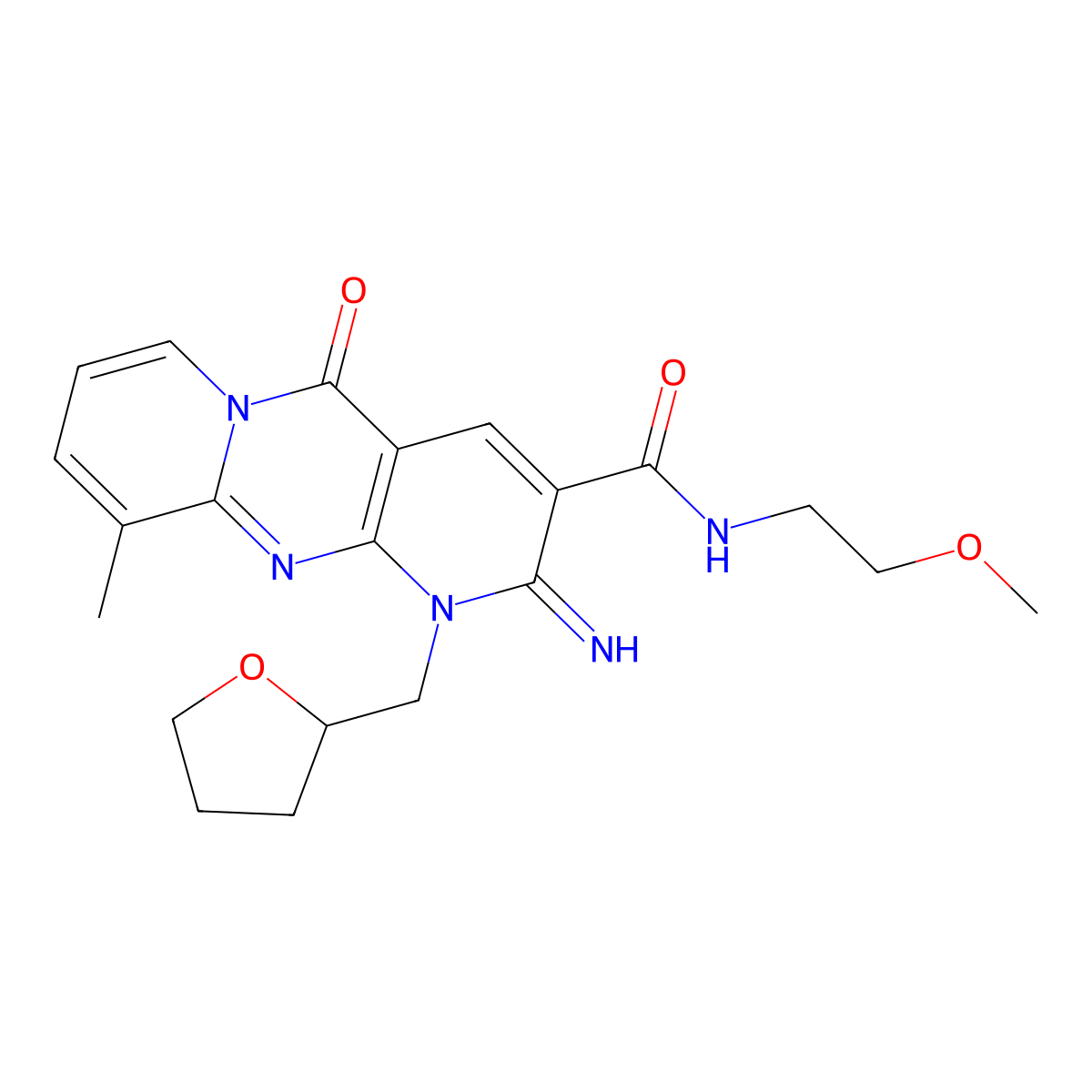 2-imino-N-(2-methoxyethyl)-10-methyl-5-oxo-1-((tetrahydrofuran-2-yl)methyl)-2,5-dihydro-1H-dipyrido[1,2-a:2',3'-d]pyrimidine-3-carboxamide molecular structure, CAS 636991-01-0
