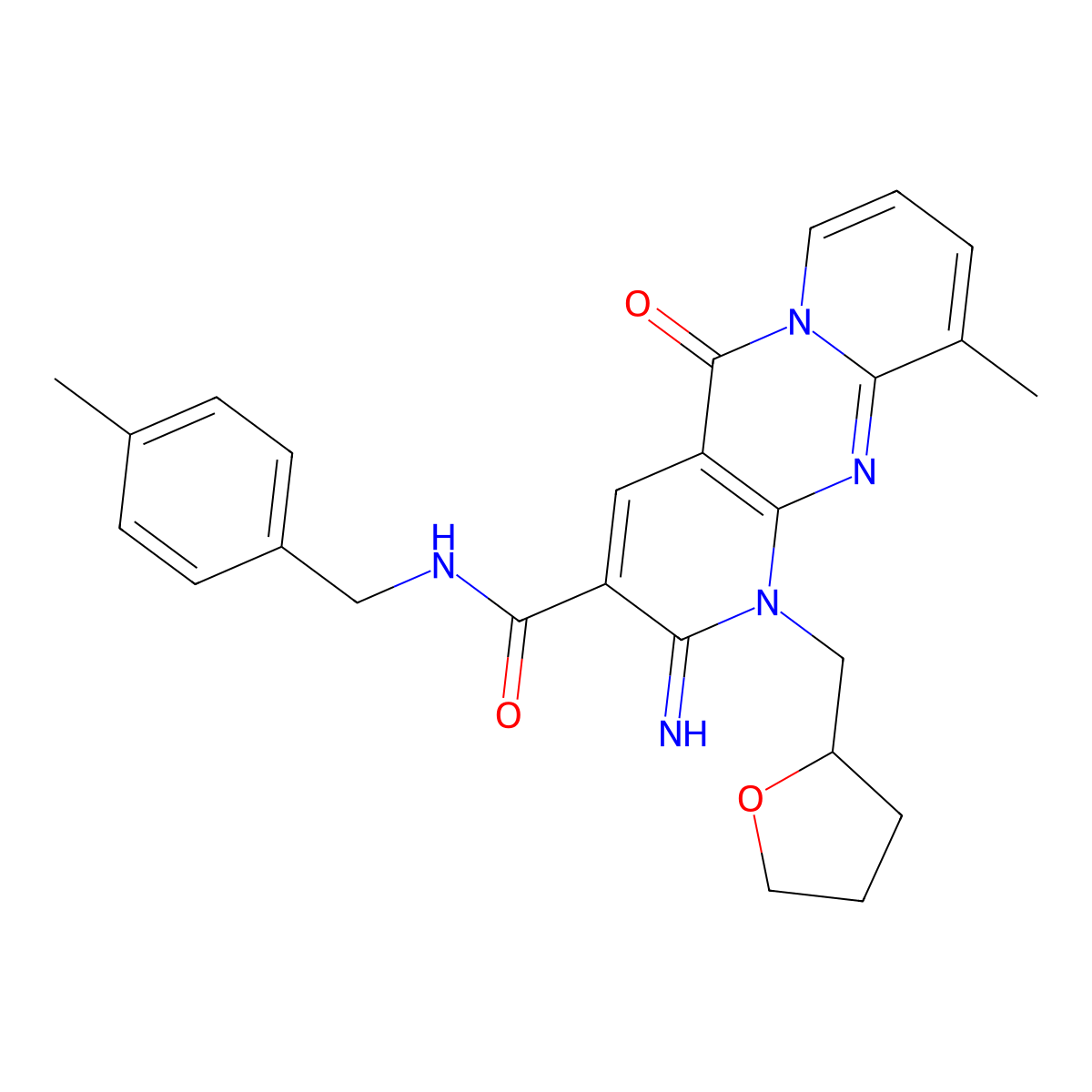 2-imino-10-methyl-N-(4-methylbenzyl)-5-oxo-1-(tetrahydrofuran-2-ylmethyl)-1,5-dihydro-2H-dipyrido[1,2-a:2',3'-d]pyrimidine-3-carboxamide molecular structure, CAS 636991-02-1