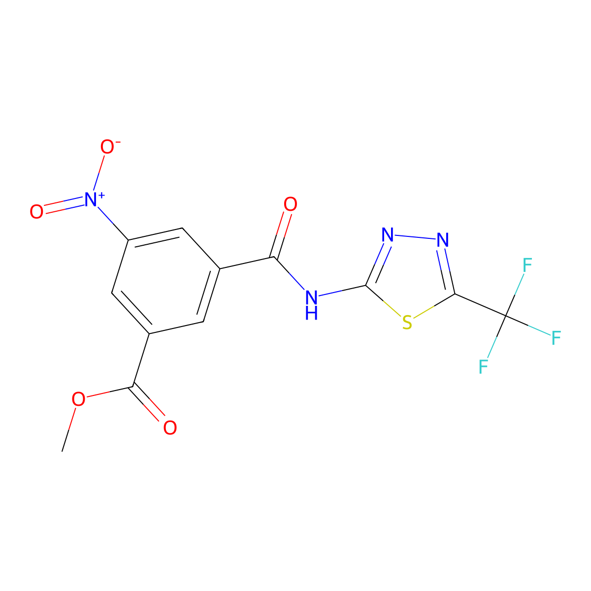 Methyl 3-nitro-5-((5-(trifluoromethyl)-1,3,4-thiadiazol-2-yl)carbamoyl)benzoate molecular structure, CAS 636993-88-9