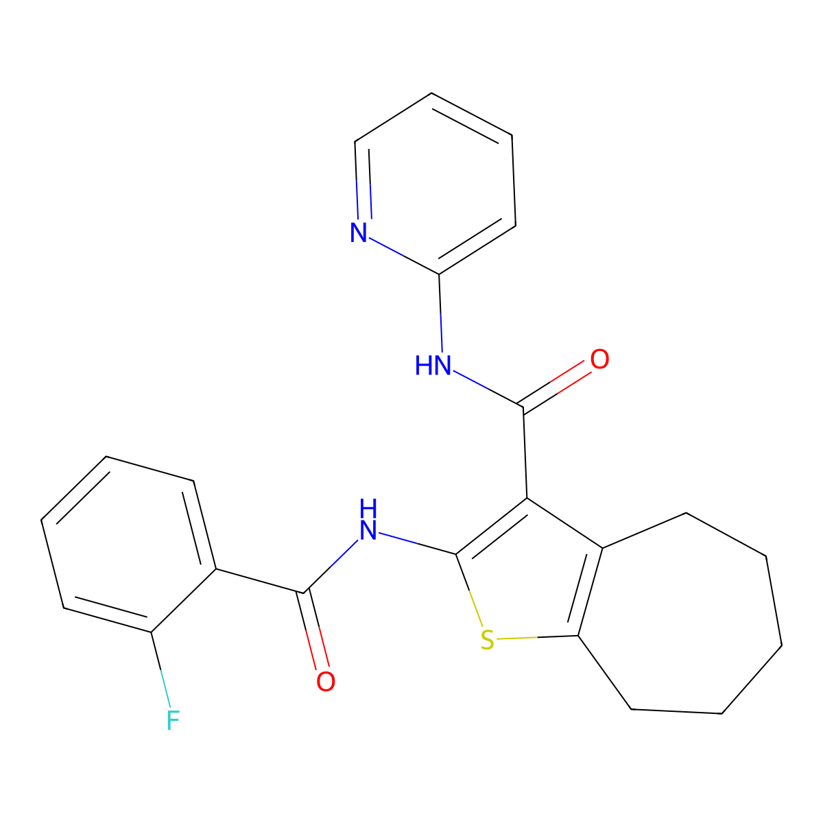 2-{[(2-fluorophenyl)carbonyl]amino}-N-(pyridin-2-yl)-5,6,7,8-tetrahydro-4H-cyclohepta[b]thiophene-3-carboxamide molecular structure, CAS 6370-00-9