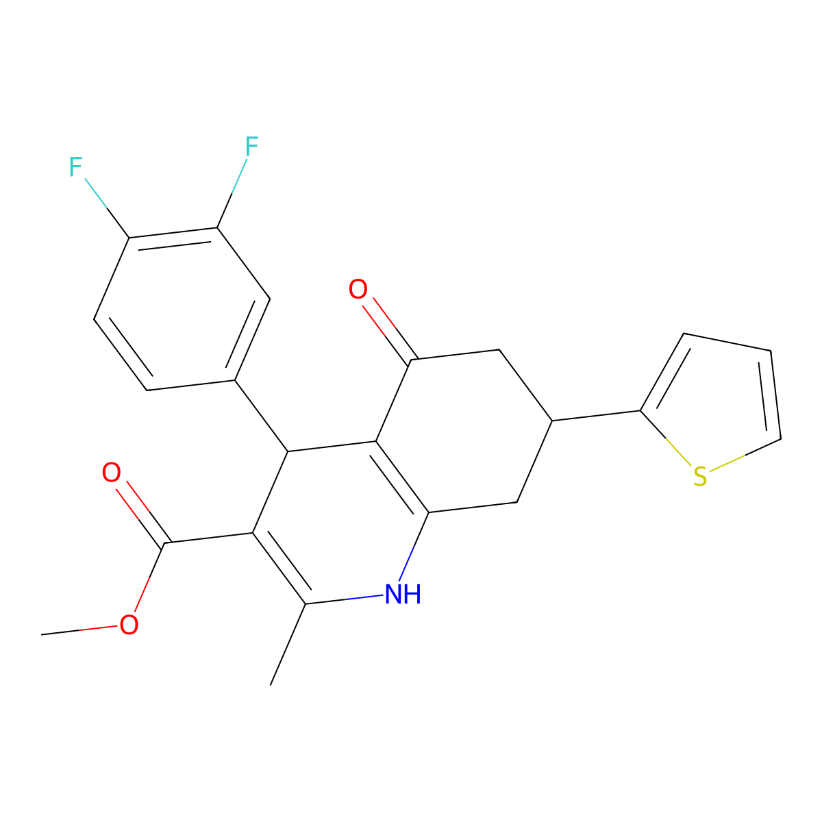 Methyl 4-(3,4-difluorophenyl)-2-methyl-5-oxo-7-(thiophen-2-yl)-1,4,5,6,7,8-hexahydroquinoline-3-carboxylate molecular structure, CAS 6370-98-5
