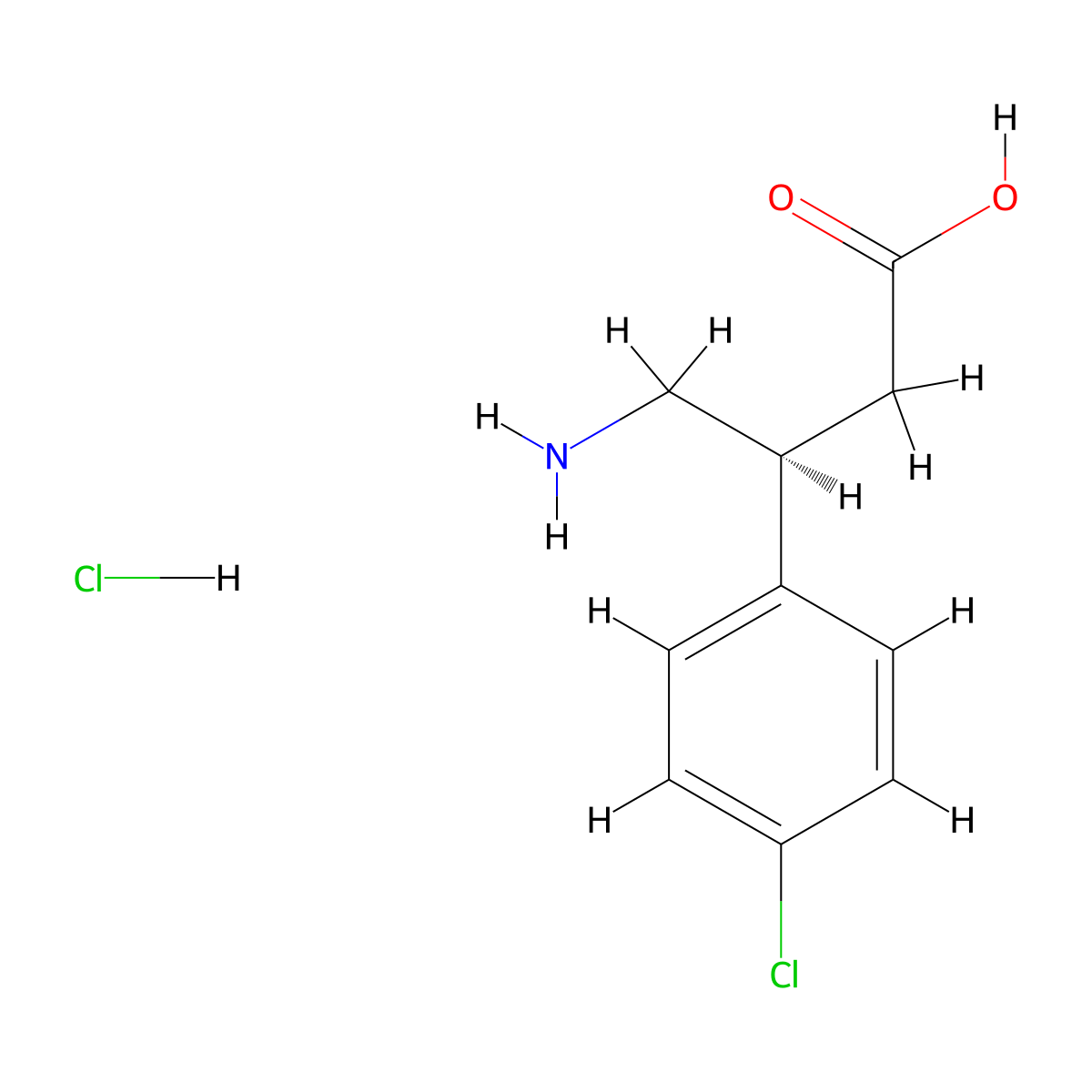 Benzenepropanoic acid, beta-(aminomethyl)-4-chloro-, hydrochloride (1:1), (betaS)- molecular structure, CAS 63701-56-4
