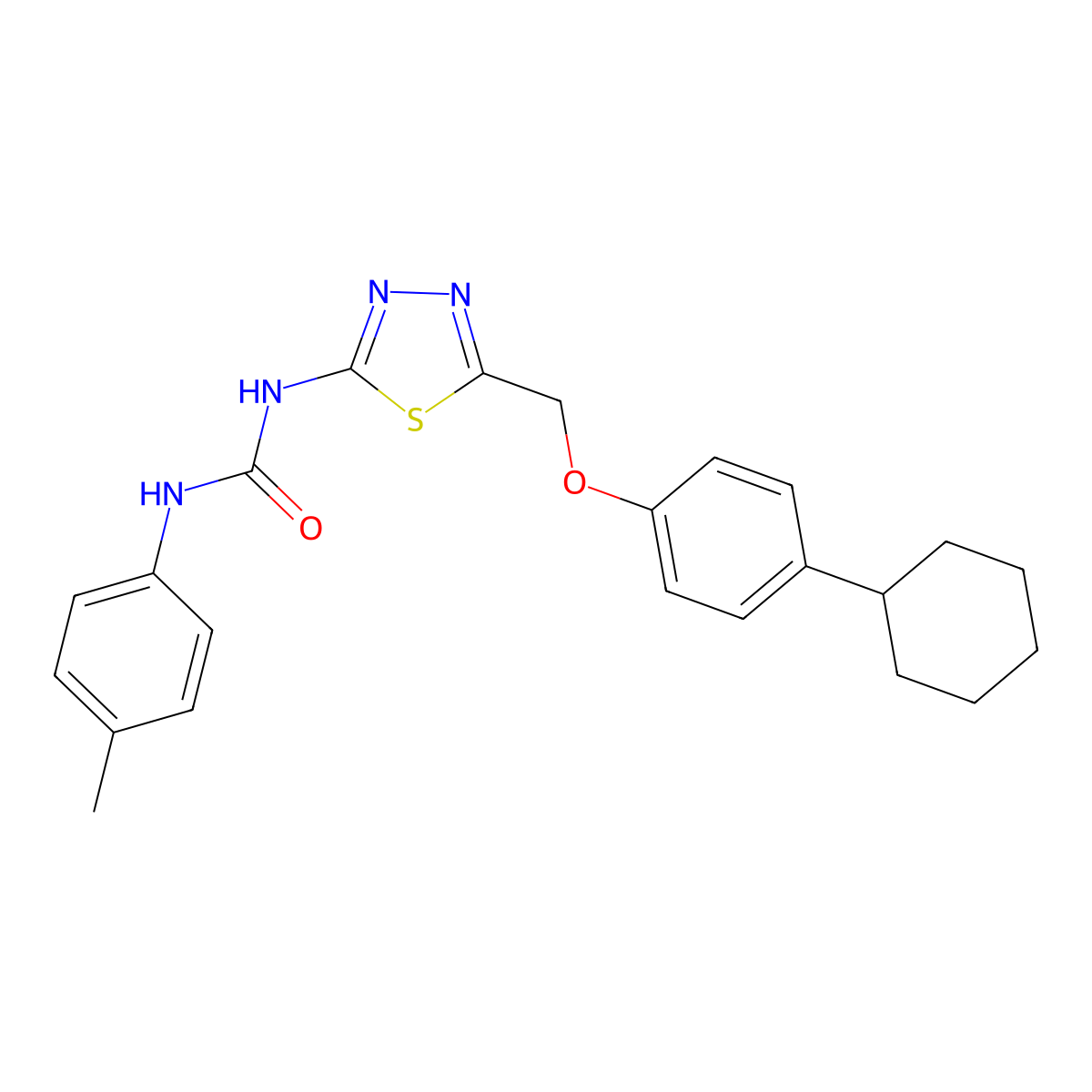 1-{5-[(4-Cyclohexylphenoxy)methyl]-1,3,4-thiadiazol-2-yl}-3-(4-methylphenyl)urea molecular structure, CAS 6372-26-5