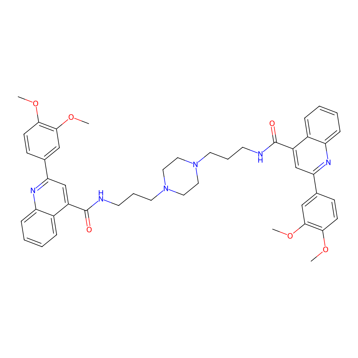 2-(3,4-dimethoxyphenyl)-N-[3-[4-[3-[[2-(3,4-dimethoxyphenyl)quinoline-4-carbonyl]amino]propyl]piperazin-1-yl]propyl]quinoline-4-carboxamide molecular structure, CAS 6372-71-0