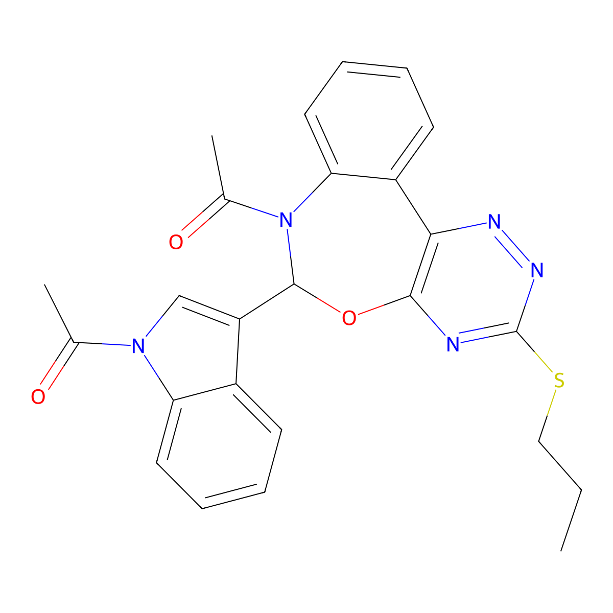 1-[3-(7-acetyl-3-propylsulfanyl-6H-[1,2,4]triazino[5,6-d][3,1]benzoxazepin-6-yl)indol-1-yl]ethanone molecular structure, CAS 6373-85-9