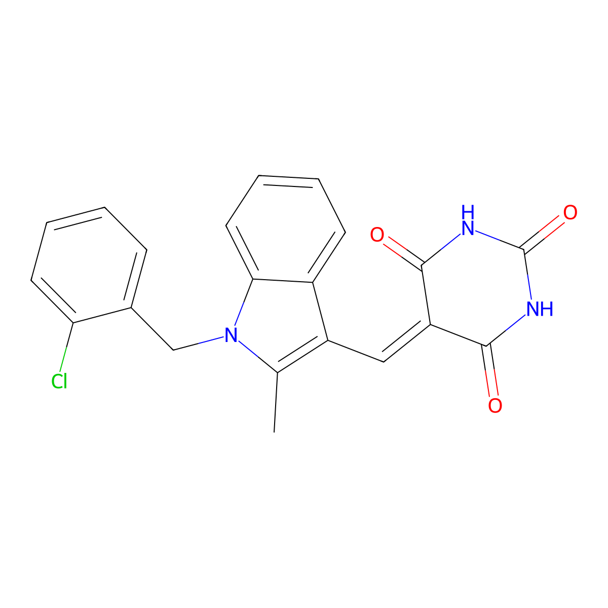 5-[[1-[(2-Chlorophenyl)methyl]-2-methylindol-3-yl]methylidene]-1,3-diazinane-2,4,6-trione molecular structure, CAS 6373-94-0