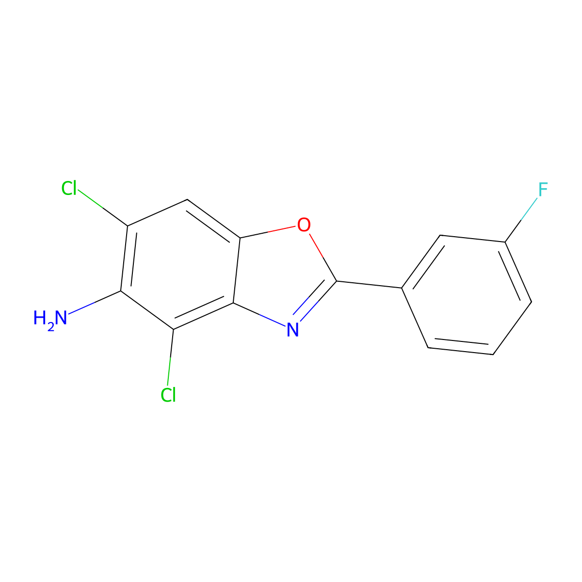 4,6-Dichloro-2-(3-fluorophenyl)-1,3-benzoxazol-5-amine molecular structure, CAS 637302-34-2