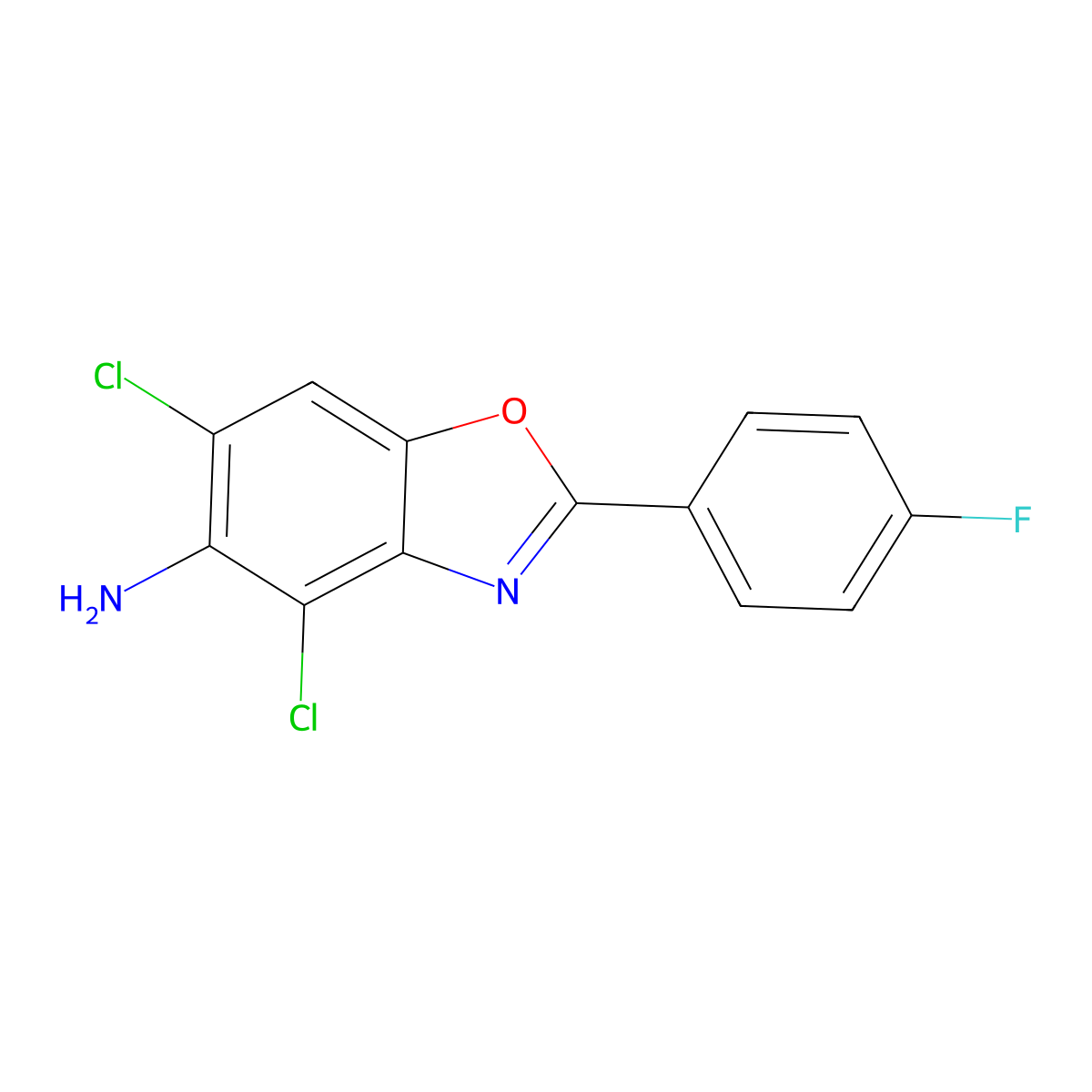 4,6-Dichloro-2-(4-fluorophenyl)-1,3-benzoxazol-5-amine molecular structure, CAS 637302-38-6