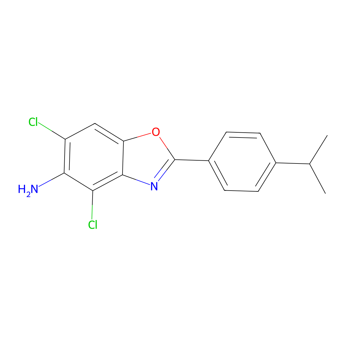 4,6-Dichloro-2-(4-propan-2-ylphenyl)-1,3-benzoxazol-5-amine molecular structure, CAS 637302-48-8