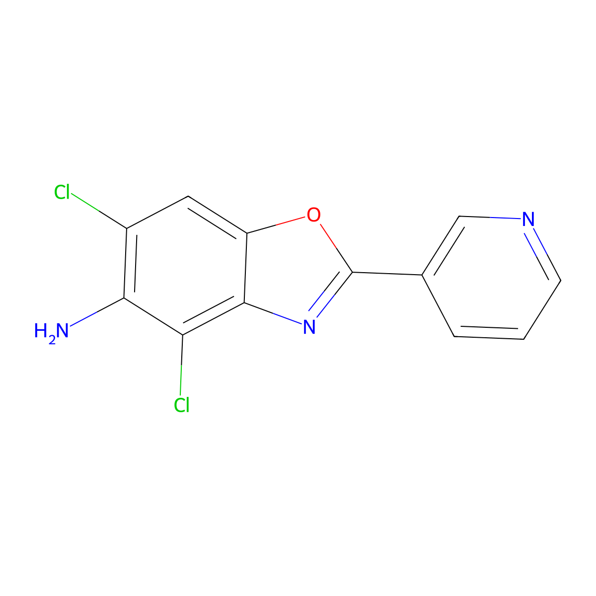 4,6-Dichloro-2-pyridin-3-yl-1,3-benzoxazol-5-amine molecular structure, CAS 637302-56-8