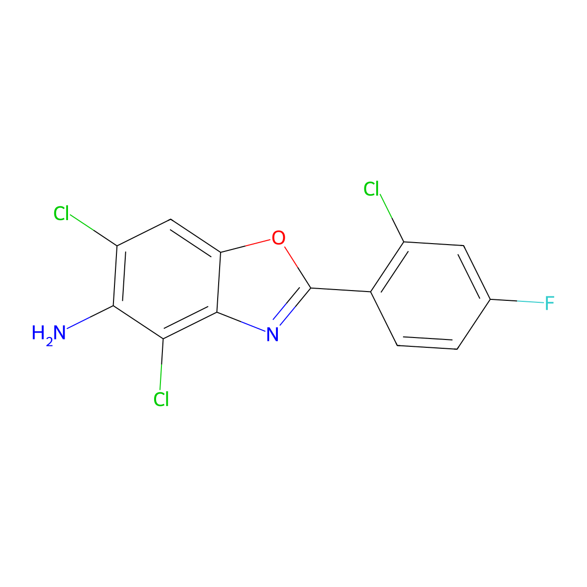 4,6-Dichloro-2-(2-chloro-4-fluorophenyl)-1,3-benzoxazol-5-amine molecular structure, CAS 637302-57-9