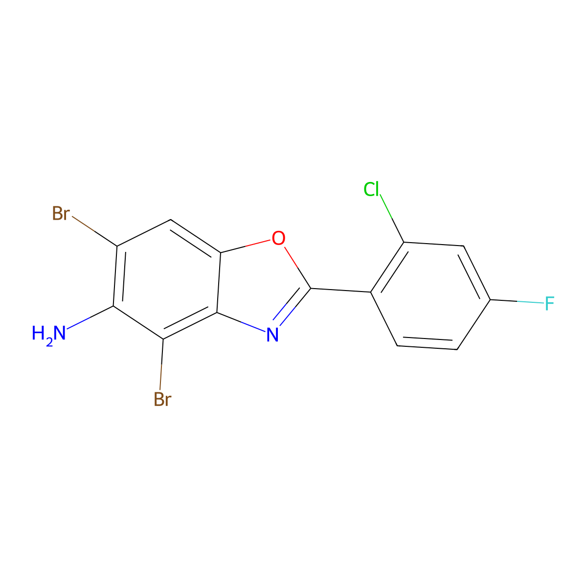 4,6-Dibromo-2-(2-chloro-4-fluorophenyl)-1,3-benzoxazol-5-amine molecular structure, CAS 637303-08-3
