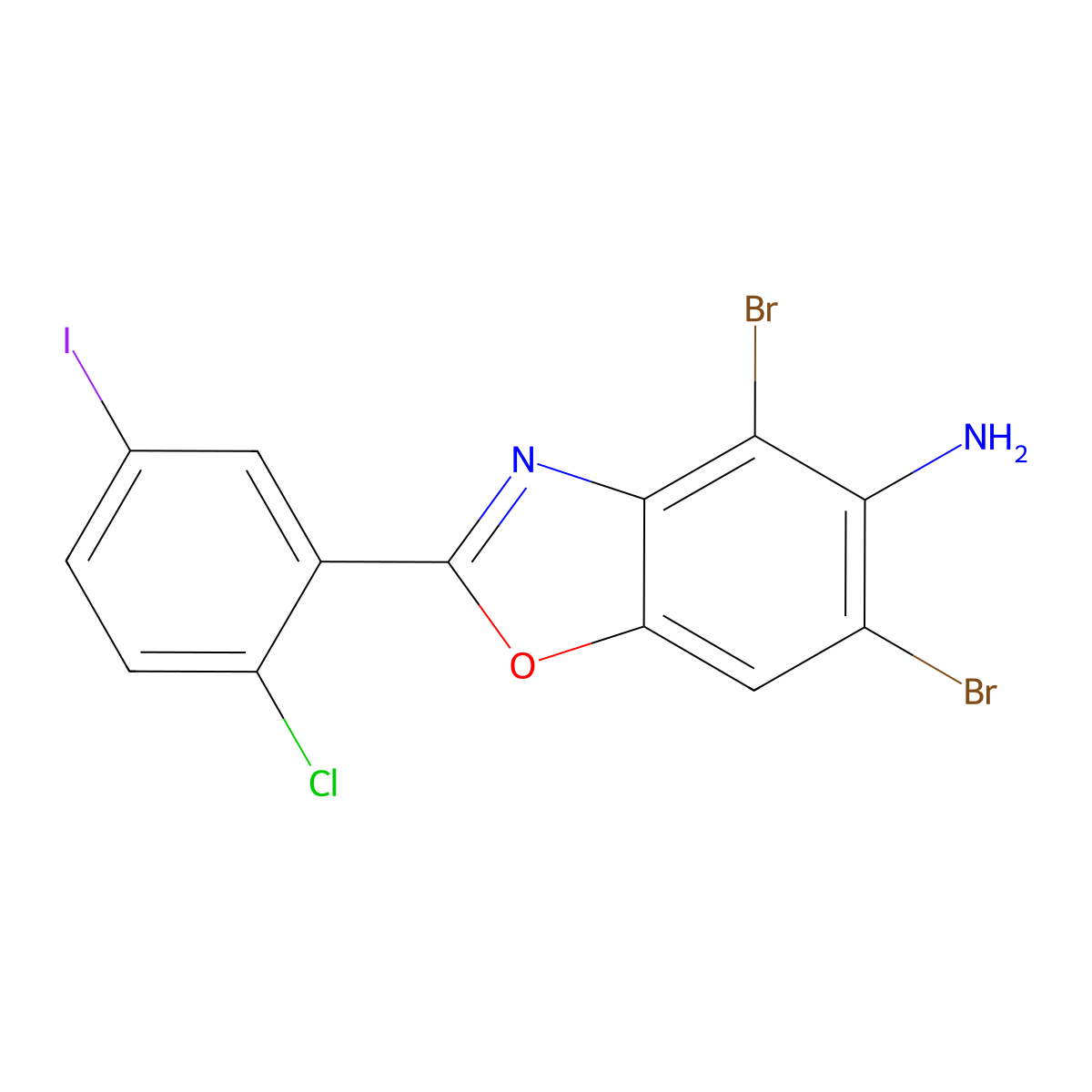 4,6-Dibromo-2-(2-chloro-5-iodophenyl)-1,3-benzoxazol-5-amine molecular structure, CAS 637303-17-4
