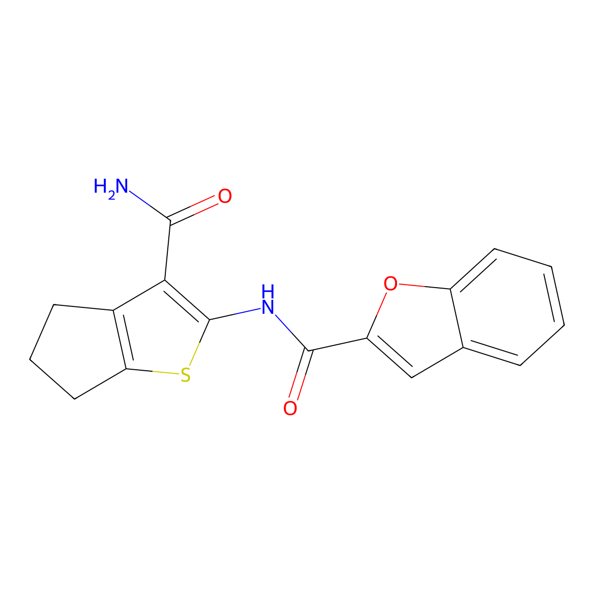 N-(3-carbamoyl-5,6-dihydro-4H-cyclopenta[b]thiophen-2-yl)-1-benzofuran-2-carboxamide molecular structure, CAS 637312-74-4