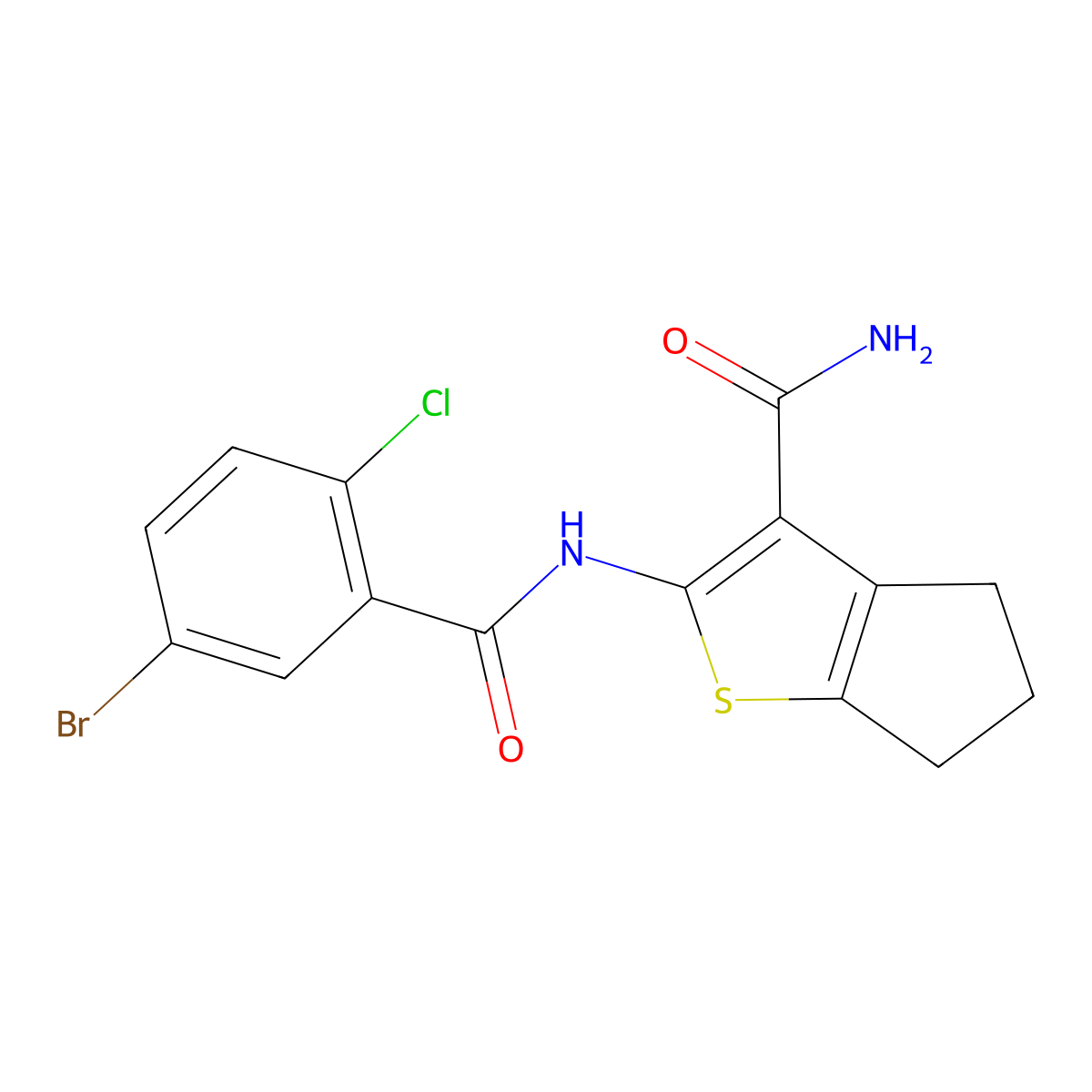 2-[(5-bromo-2-chlorobenzoyl)amino]-5,6-dihydro-4H-cyclopenta[b]thiophene-3-carboxamide molecular structure, CAS 637313-08-7