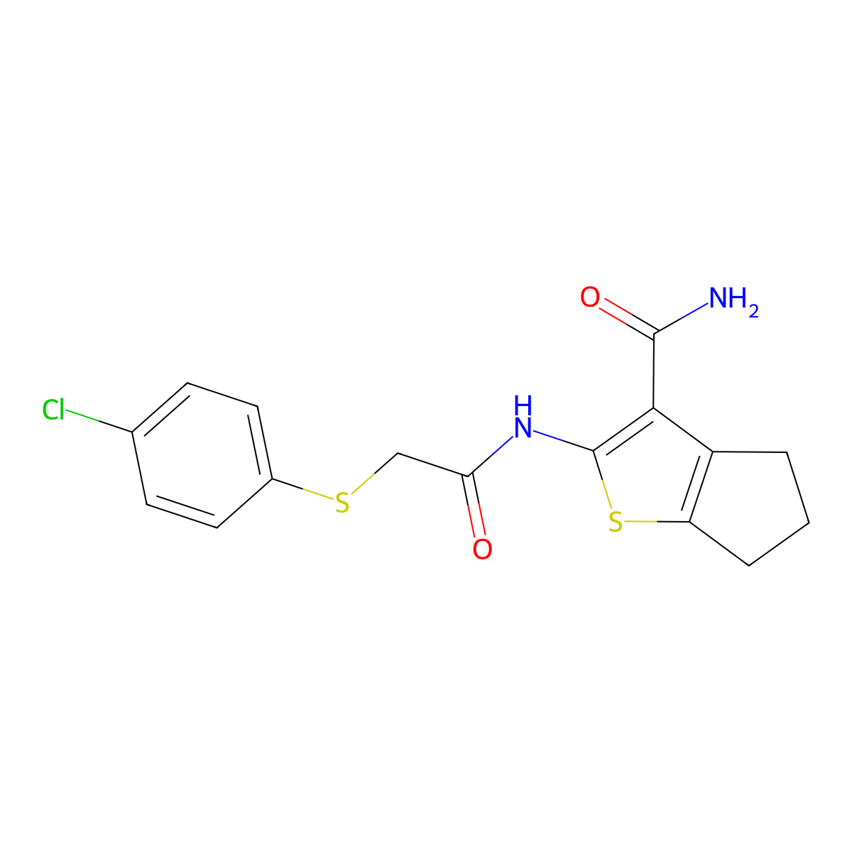 2-({[(4-chlorophenyl)sulfanyl]acetyl}amino)-5,6-dihydro-4H-cyclopenta[b]thiophene-3-carboxamide molecular structure, CAS 637313-22-5