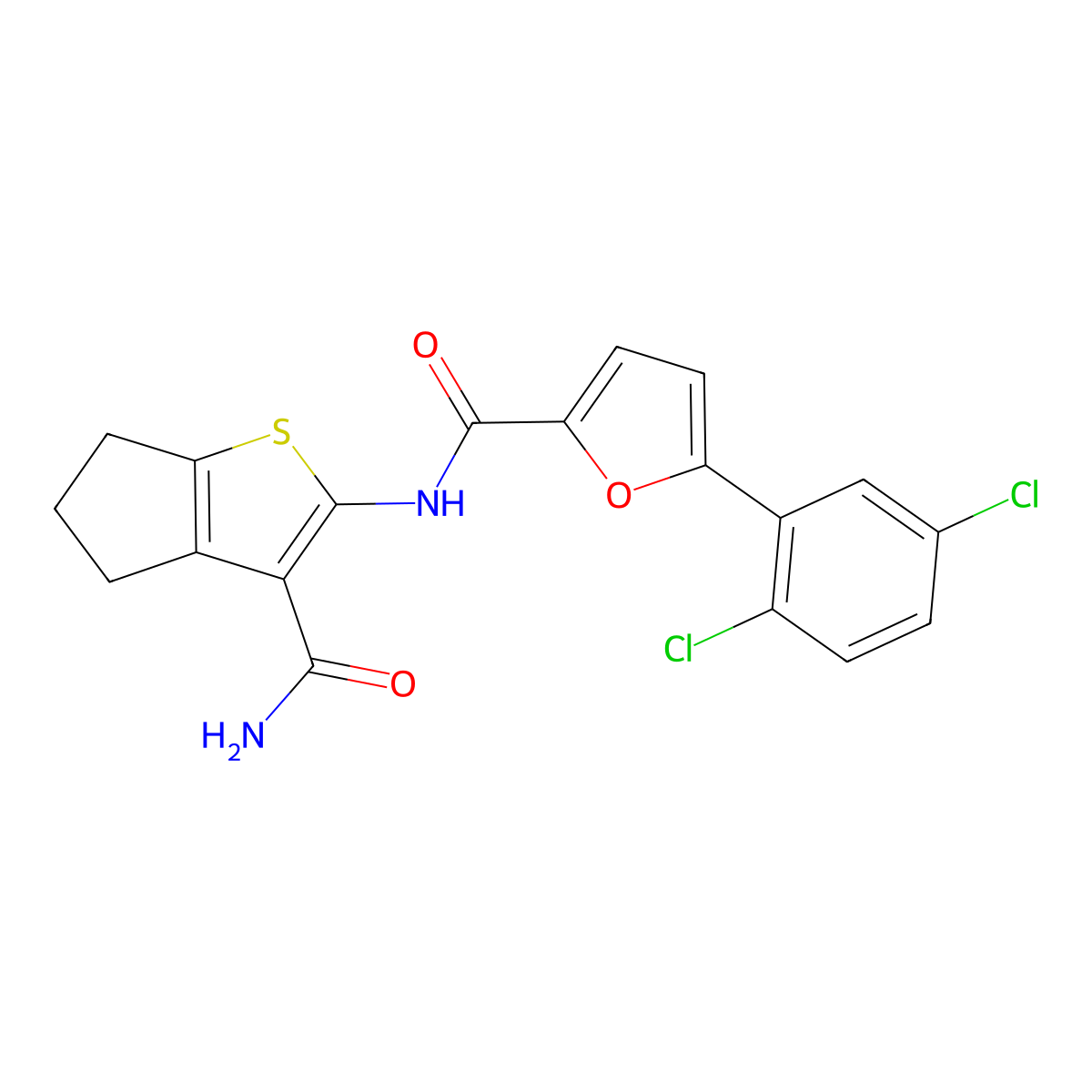 N-(3-carbamoyl-5,6-dihydro-4H-cyclopenta[b]thiophen-2-yl)-5-(2,5-dichlorophenyl)furan-2-carboxamide molecular structure, CAS 637313-46-3
