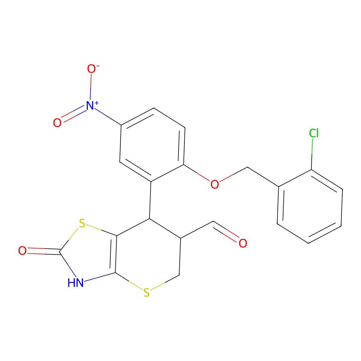 7-[2-[(2-Chlorophenyl)methoxy]-5-nitrophenyl]-2-oxo-3,5,6,7-tetrahydrothiopyrano[2,3-d][1,3]thiazole-6-carbaldehyde molecular structure, CAS 637317-48-7