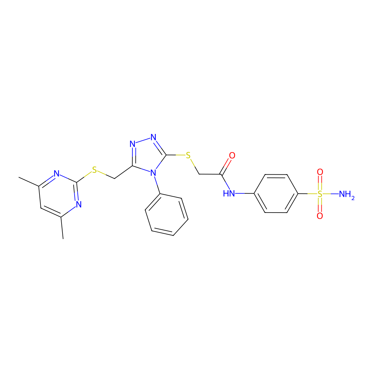 2-[(5-{[(4,6-dimethylpyrimidin-2-yl)sulfanyl]methyl}-4-phenyl-4H-1,2,4-triazol-3-yl)sulfanyl]-N-(4-sulfamoylphenyl)acetamide molecular structure, CAS 637317-56-7
