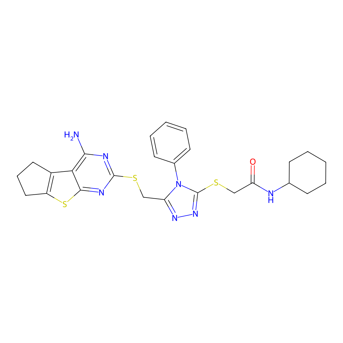 2-{5-[(4-amino(5,6,7-trihydrocyclopenta[1,2-d]pyrimidino[4,5-b]thiophen-2-ylth io))methyl]-4-phenyl(1,2,4-triazol-3-ylthio)}-N-cyclohexylacetamide molecular structure, CAS 637317-61-4