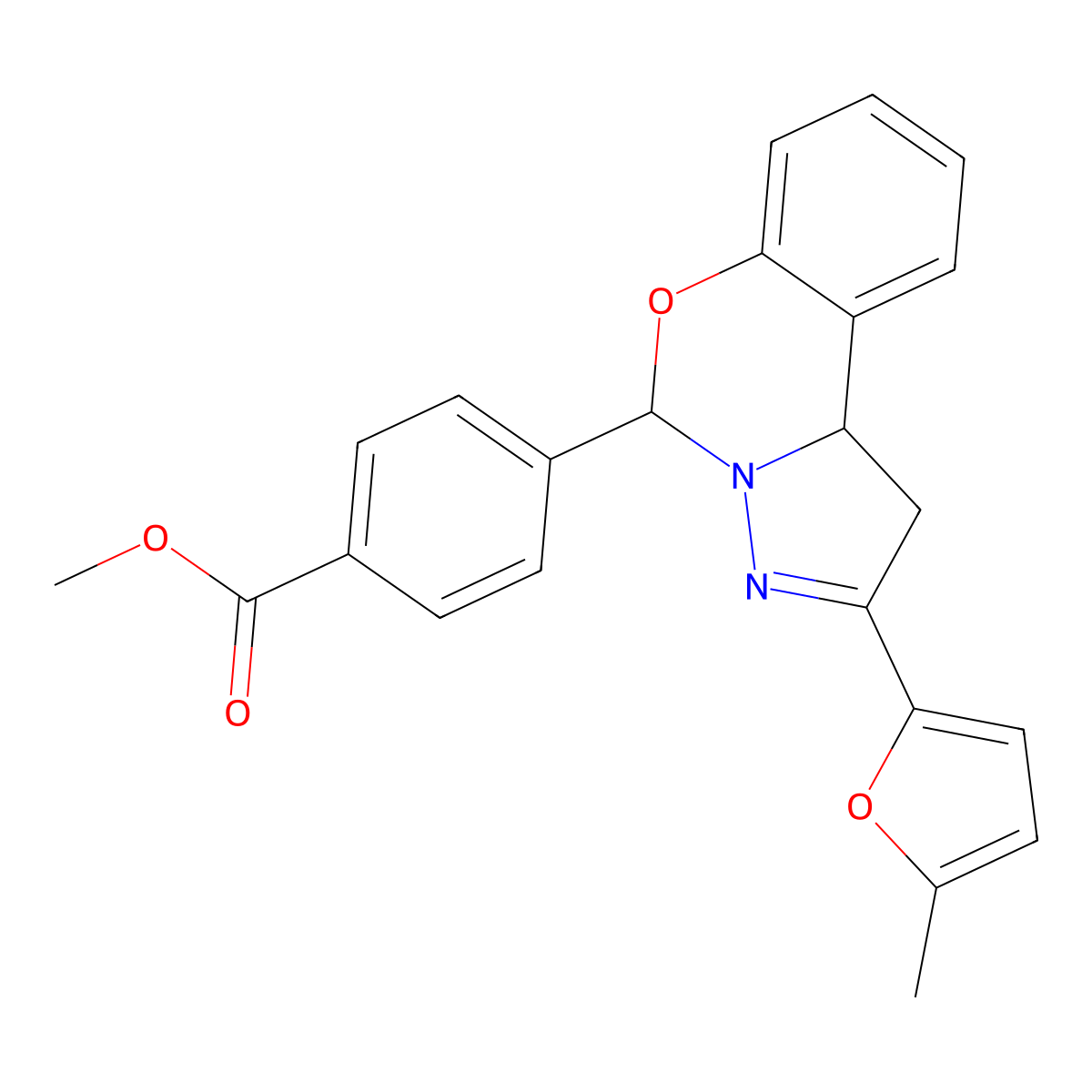 Methyl 4-[2-(5-methyl-2-furyl)-1,10b-dihydropyrazolo[1,5-c][1,3]benzoxazin-5-yl]benzoate molecular structure, CAS 637321-04-1
