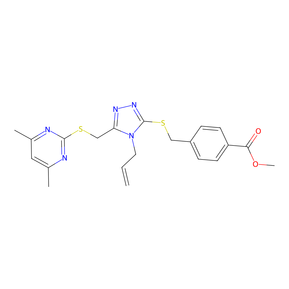 methyl 4-(((4-allyl-5-(((4,6-dimethylpyrimidin-2-yl)thio)methyl)-4H-1,2,4-triazol-3-yl)thio)methyl)benzoate molecular structure, CAS 637321-05-2