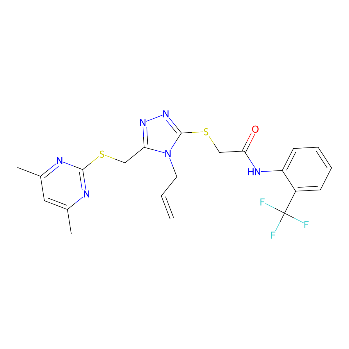 2-{5-[(4,6-dimethylpyrimidin-2-ylthio)methyl]-4-prop-2-enyl(1,2,4-triazol-3-yl thio)}-N-[2-(trifluoromethyl)phenyl]acetamide molecular structure, CAS 637321-07-4