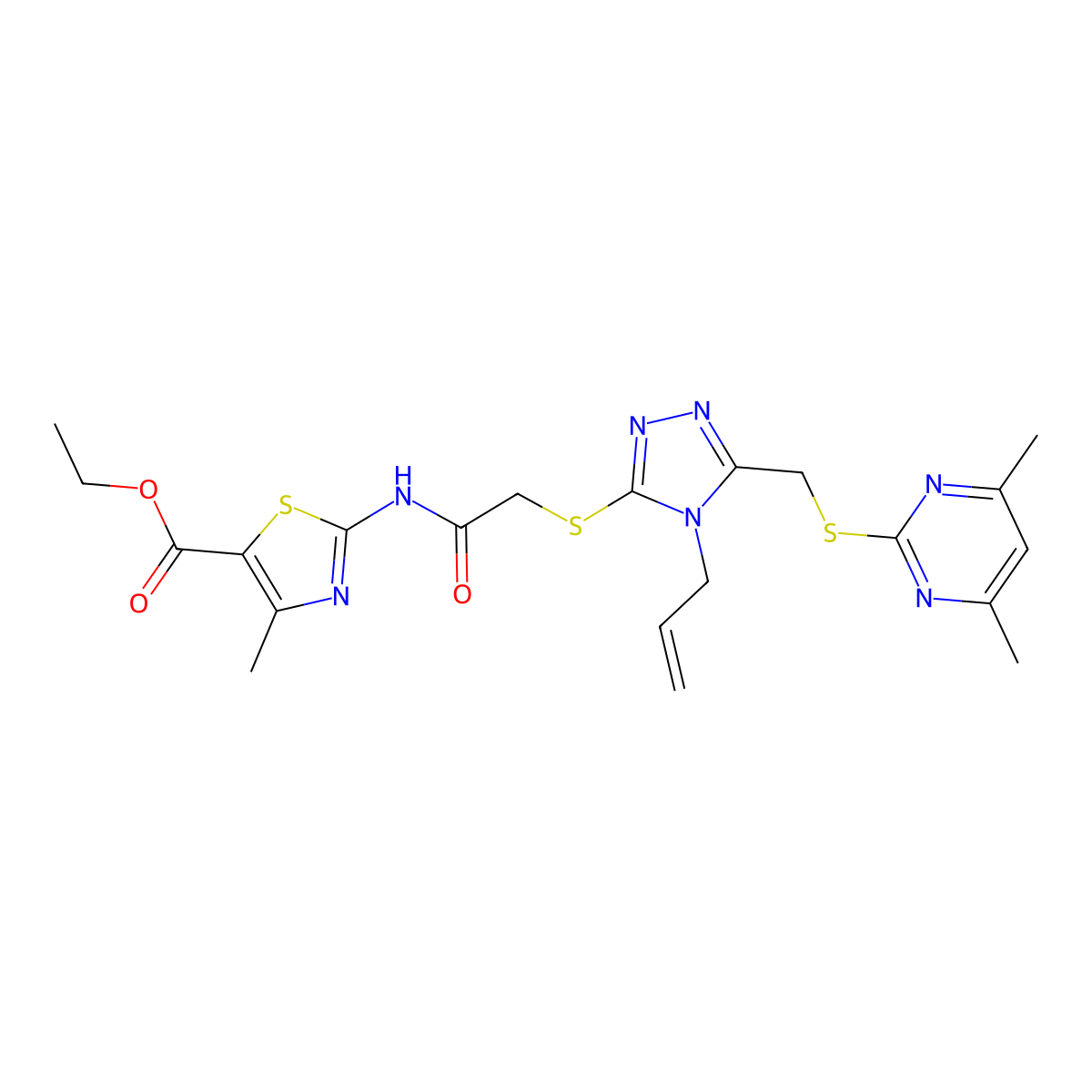 Ethyl 2-(2-{5-[(4,6-dimethylpyrimidin-2-ylthio)methyl]-4-prop-2-enyl(1,2,4-tri azol-3-ylthio)}acetylamino)-4-methyl-1,3-thiazole-5-carboxylate molecular structure, CAS 637321-09-6