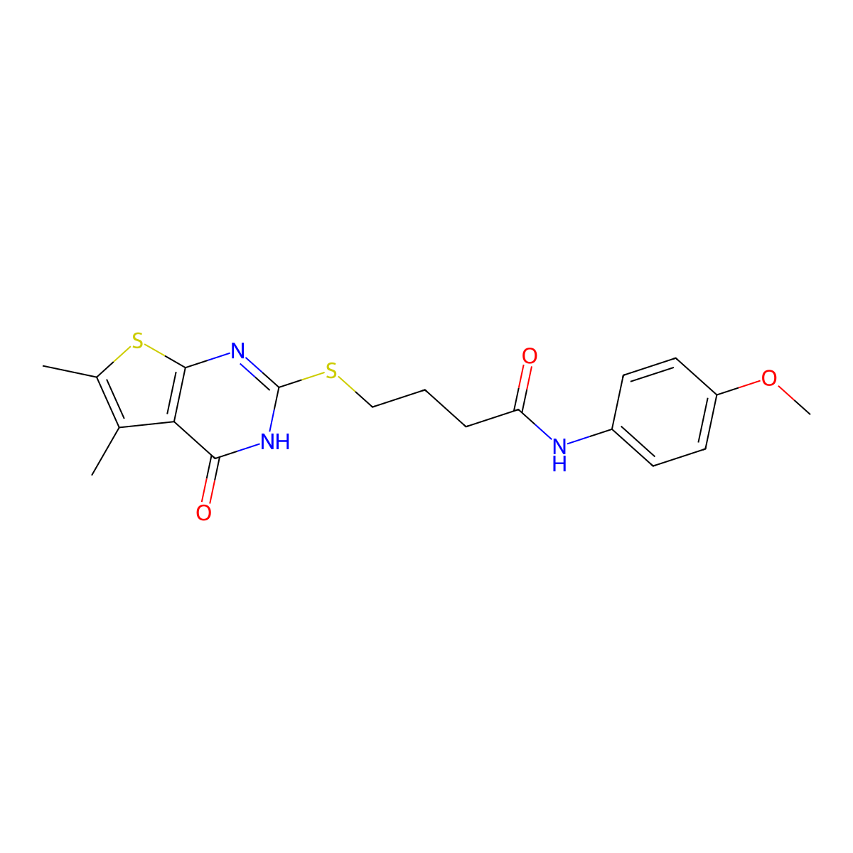 4-((5,6-dimethyl-4-oxo-3,4-dihydrothieno[2,3-d]pyrimidin-2-yl)thio)-N-(4-methoxyphenyl)butanamide molecular structure, CAS 637321-13-2