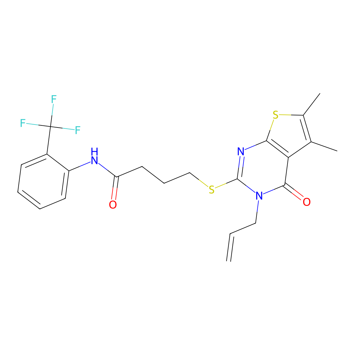 4-((3-allyl-5,6-dimethyl-4-oxo-3,4-dihydrothieno[2,3-d]pyrimidin-2-yl)thio)-N-(2-(trifluoromethyl)phenyl)butanamide molecular structure, CAS 637321-21-2