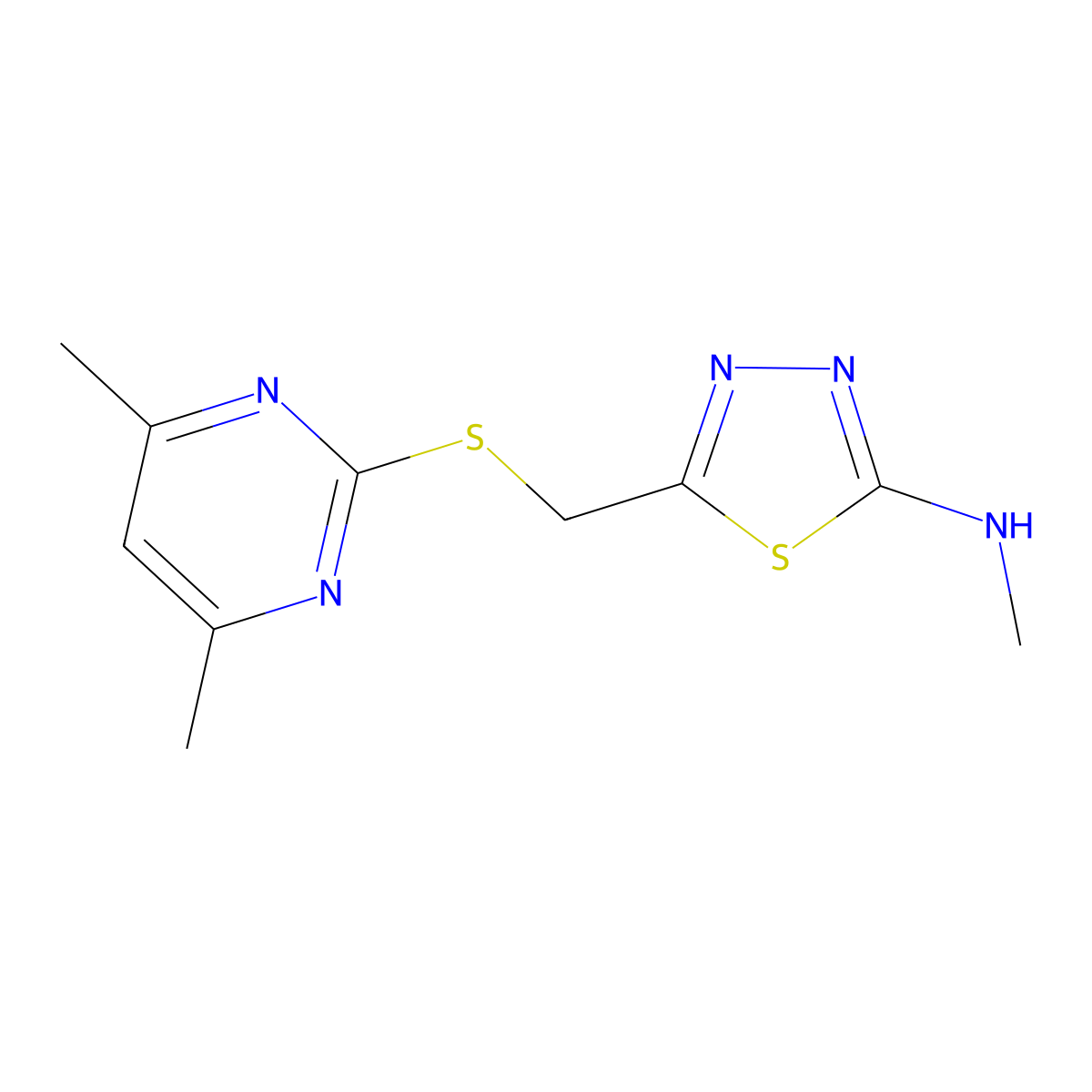 5-(((4,6-dimethylpyrimidin-2-yl)thio)methyl)-N-methyl-1,3,4-thiadiazol-2-amine molecular structure, CAS 637321-23-4